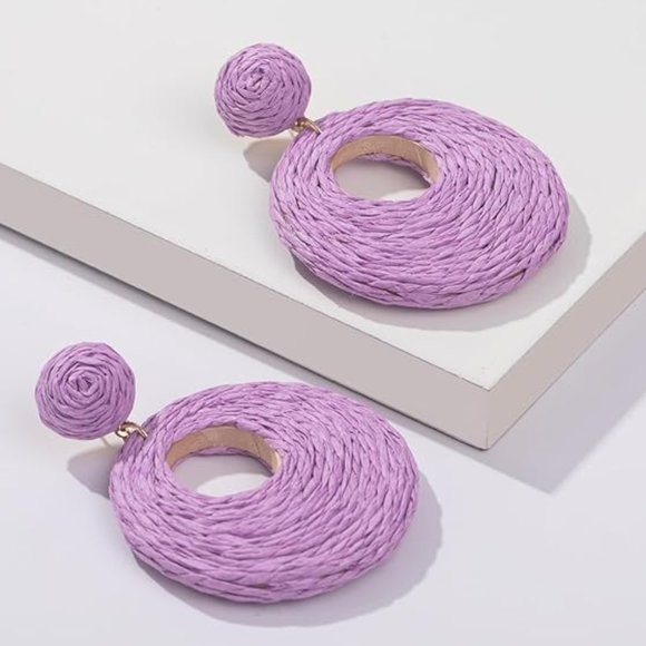Lavender Rattan Earrings Chunky Wicker Raffia Dangle Hoop Beachy Vacation New - Picture 2 of 9